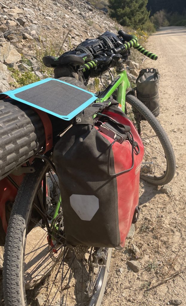 GoSun Portable SOlar Panel strapped to bikepacking set up